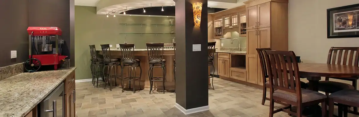 modern basement remodeling with custom finishes and open layout in a home in Baltimore, MD