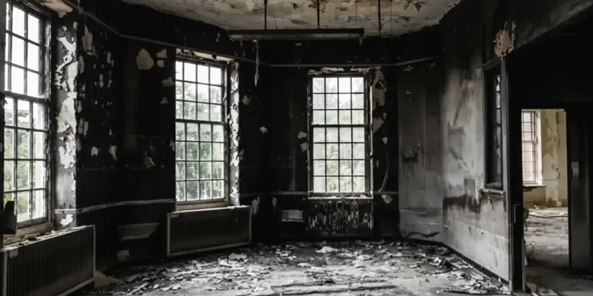 fire damage repair addressing severe interior damage and smoke residue inside a burned home in Baltimore, MD