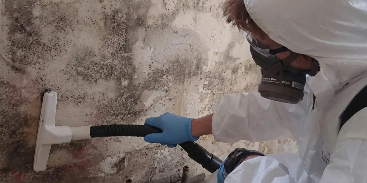 professional mold removal technician wearing protective equipment removing mold from a wall in Baltimore, MD